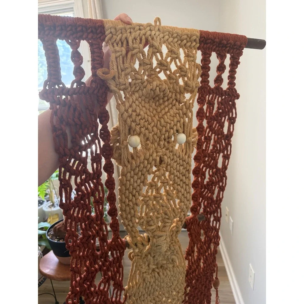 Vintage 70s Macrame Owl Wall Hanging Boho Fiber Art Terracotta Mustard Rust